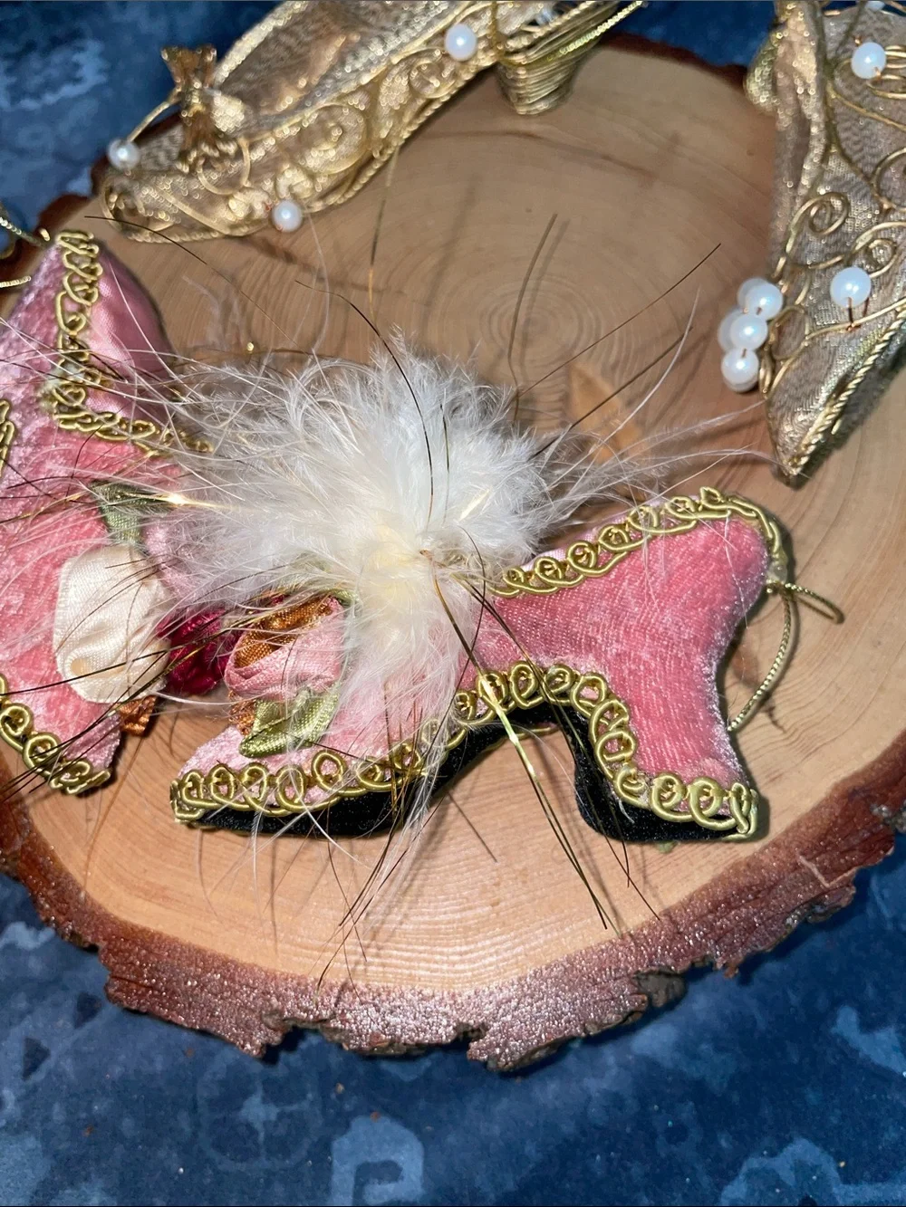 Vintage victorian shoe Christmas ornament lot of 4 gold mesh pink velvet